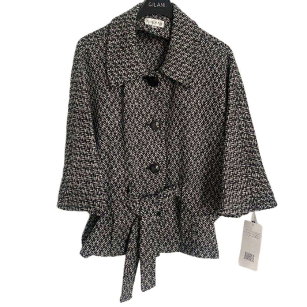 Gilani Black/White Vintage Wool Blend Tweed Poncho Style Belted Jacket Size 10